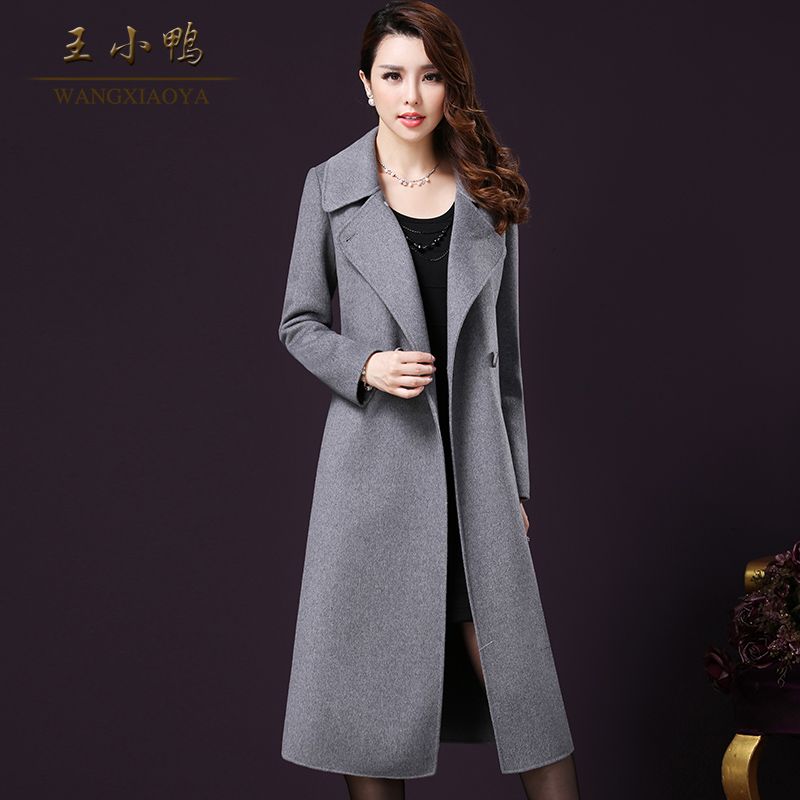 王小鸭真羊毛外套女春季新款韩版过膝双排扣修身毛呢大衣 灰色 m