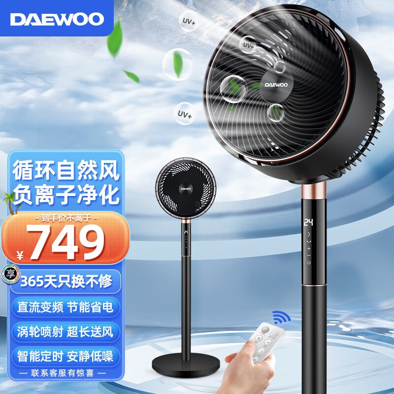 大宇（DAEWOO）空气循环扇负离子净化智能家用遥控电风扇落地静音换气直流变频低噪节能宿舍立式风扇小型客厅轻音 【低音节能】DY-XF03 负离子净化