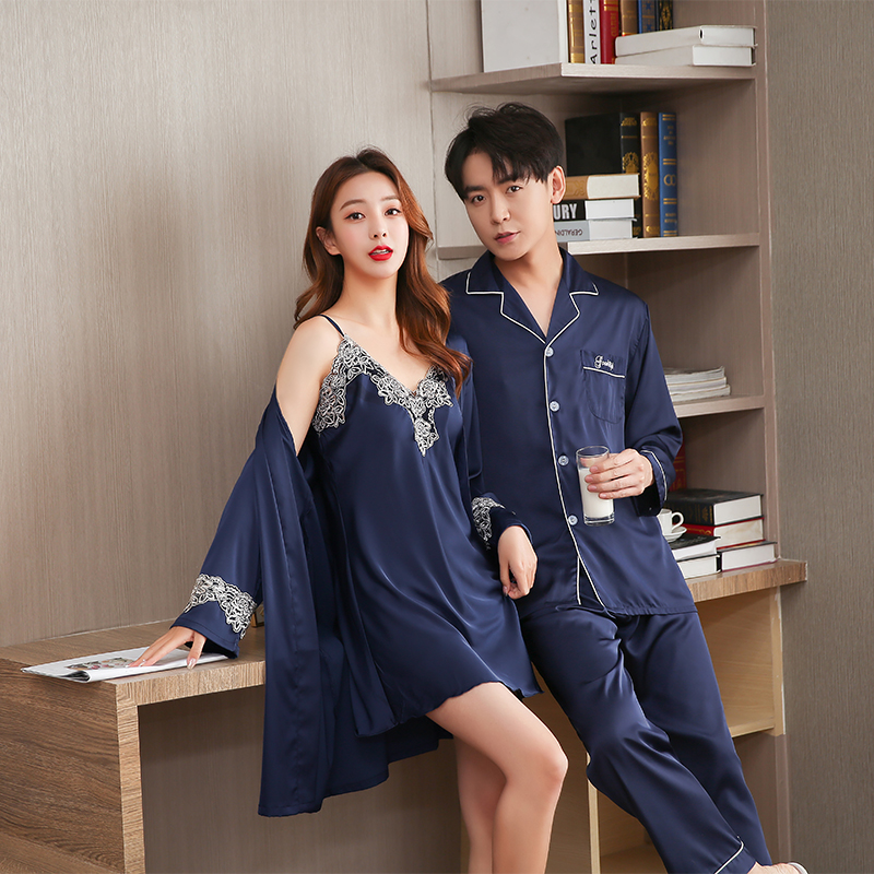 萧淑妃 两套价 春秋季吊带睡裙睡袍性感冰丝绸睡衣开衫仿真丝情侣家居服 宝蓝 女生L码+男生XL码