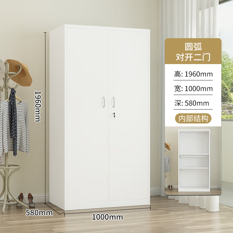 衣柜家用推拉门卧室收纳储物柜防潮防晒钢制带锁 1米宽二门衣柜-白色
