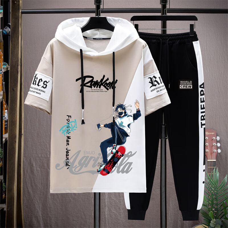 高初中学生初一初二初三男孩短袖t恤休闲套装夏季连帽衣服两件套 米色