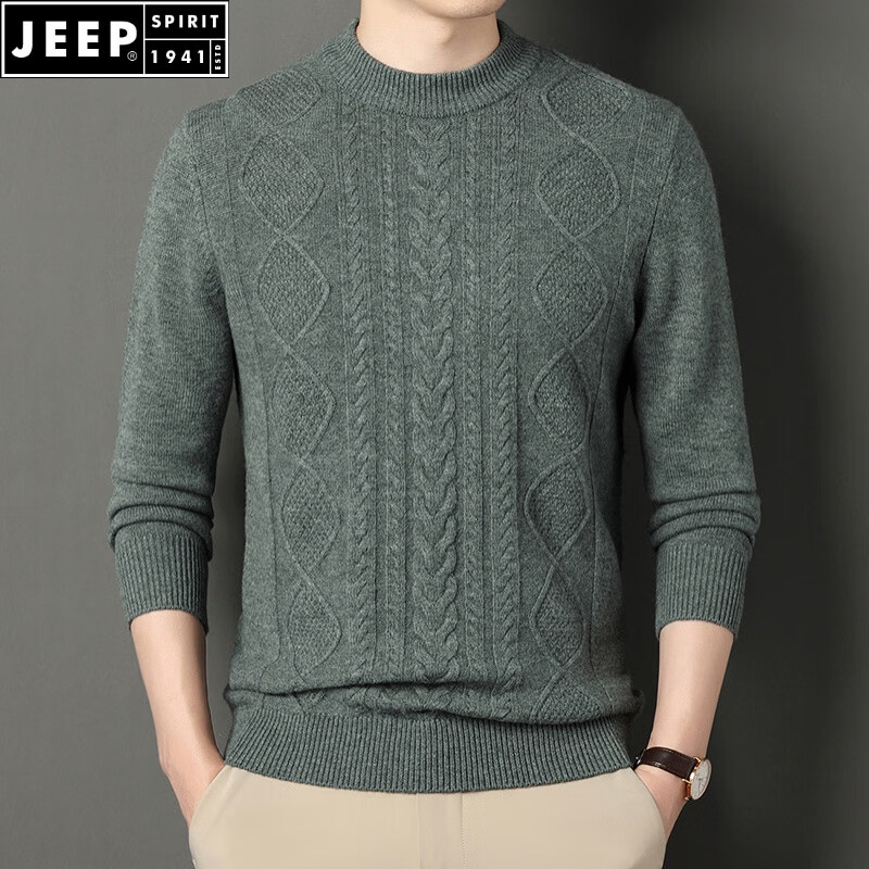 JEEP SPIRIT重工加厚毛线衫男士针织打底毛衣宽松提花商务休闲半高领毛线衫男 豆绿 M （适合90-110斤）
