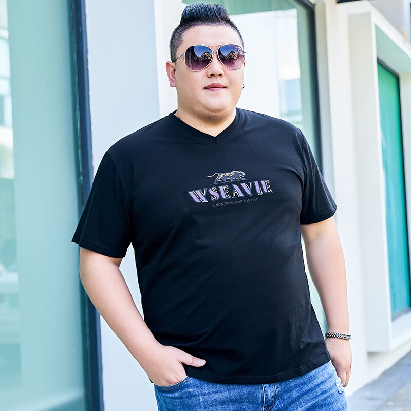 毕蒙(bimeng)胖子男装加肥加大v领纯棉短袖t恤夏季潮流特大码宽松休闲