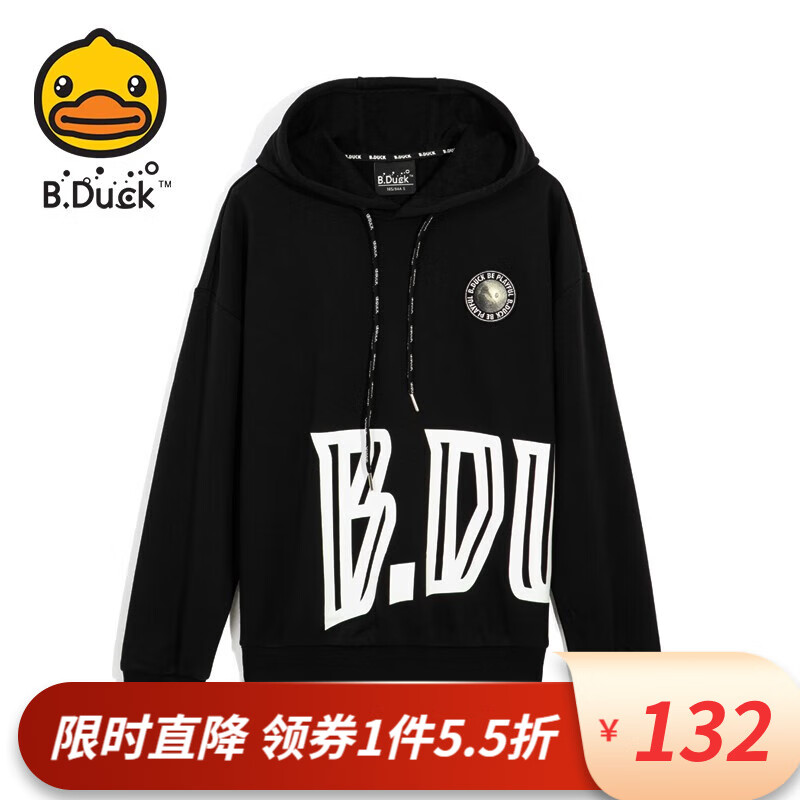 B.Duck 连帽卫衣男秋冬季长袖男士运动衣服饰logo宽松ins休闲风男 黑色 175