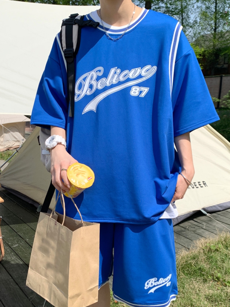 休闲七短裤t恤套装男生高中生 蓝色 m(男款半截袖上衣搭配五分裤子