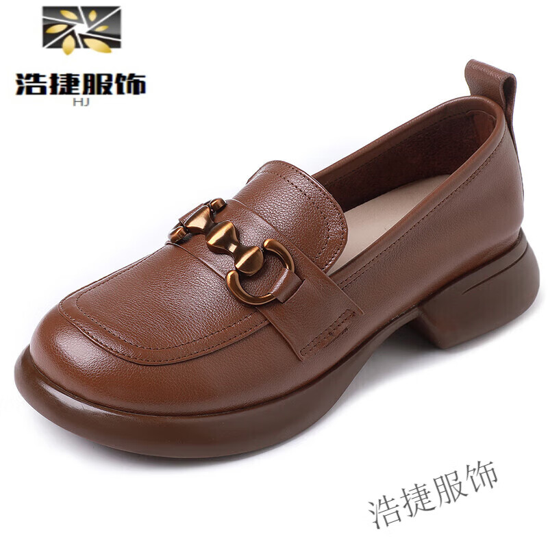 擎嵘装大头皮鞋女大码女鞋软底妈妈鞋秋季舒适中老皮 棕色 35