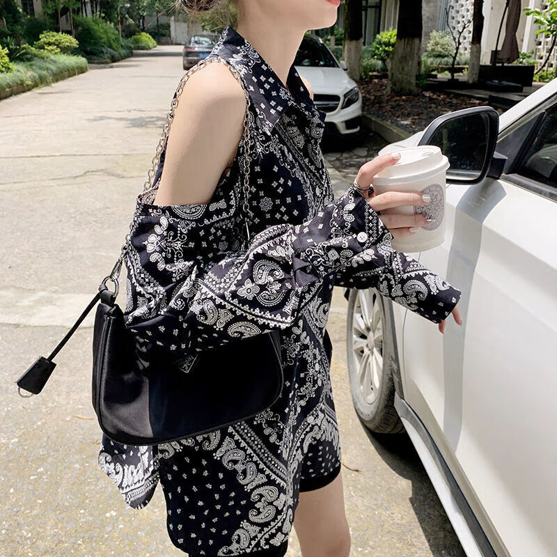 女小心机春夏薄款长袖外穿中长款韩版宽松百搭花上衣oversize 花色