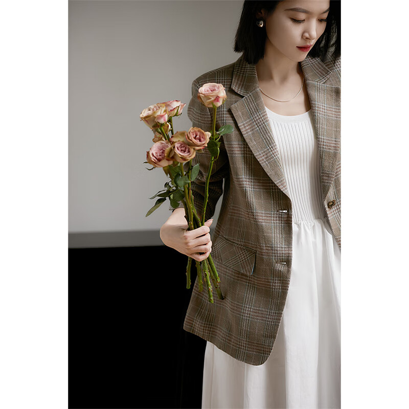 笑涵阁新款女装 亚麻格纹西装外套西服女 xza560580ag 迷雾绿棕 s
