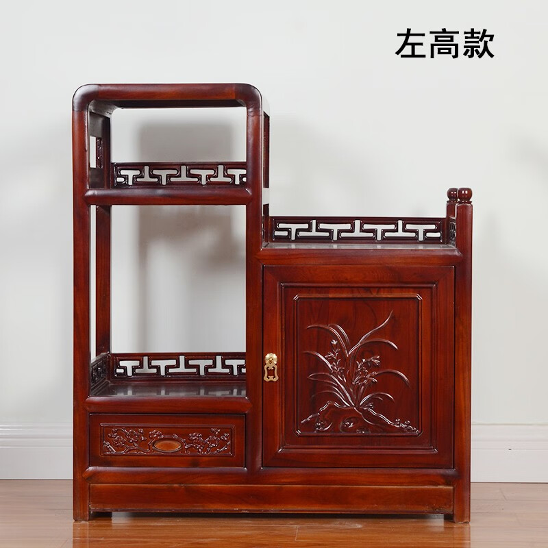 本素 花架實(shí)木 中式古典落地式多層花瓶架 木質(zhì)花瓶?jī)?chǔ)物架 花盆架 回文鏤空高低架 左高款35*35*73*80栗子紅顏色