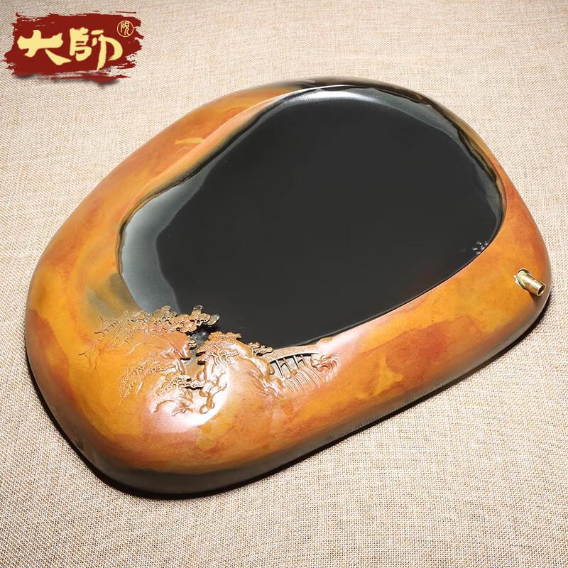 维新匠人手工茶盘/溪山胜景/精选天然金晕整块砚石歙砚金晕籽料原石