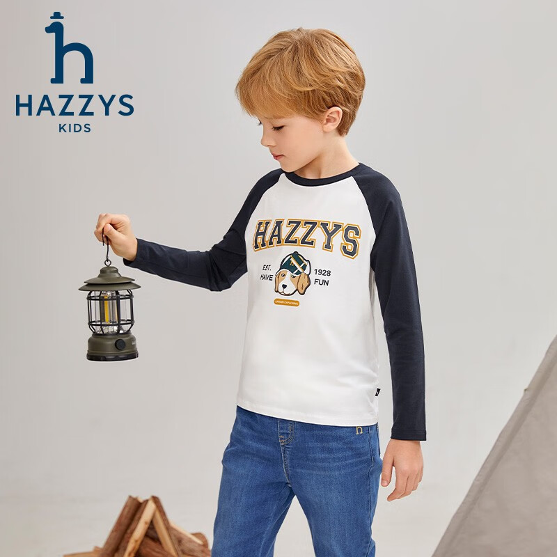 哈吉斯(HAZZYS)品牌童装男童圆领衫秋新品舒适柔软透气弹力时尚长袖圆领衫 本白 110
