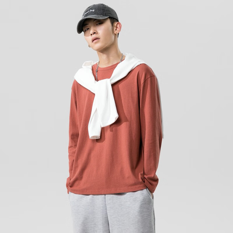 秋季新款宽松圆领长袖t恤衫男士流百搭多色纯棉休闲打底衫青少年长