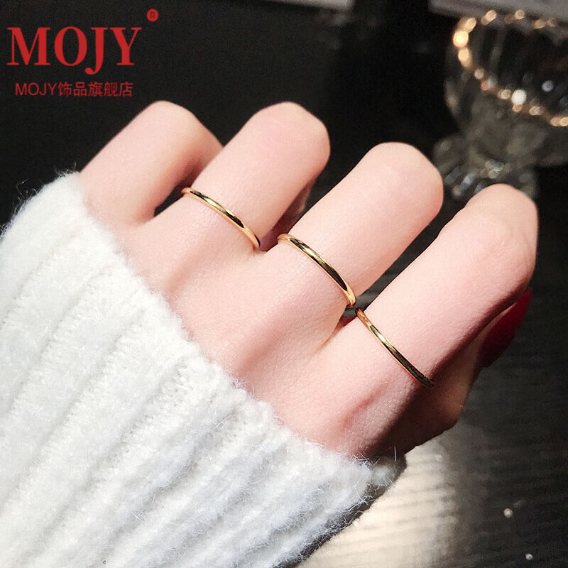 mojyk金对戒18k金素圈戒指 男女三生三世黄l金光面素戒指环情侣实心不