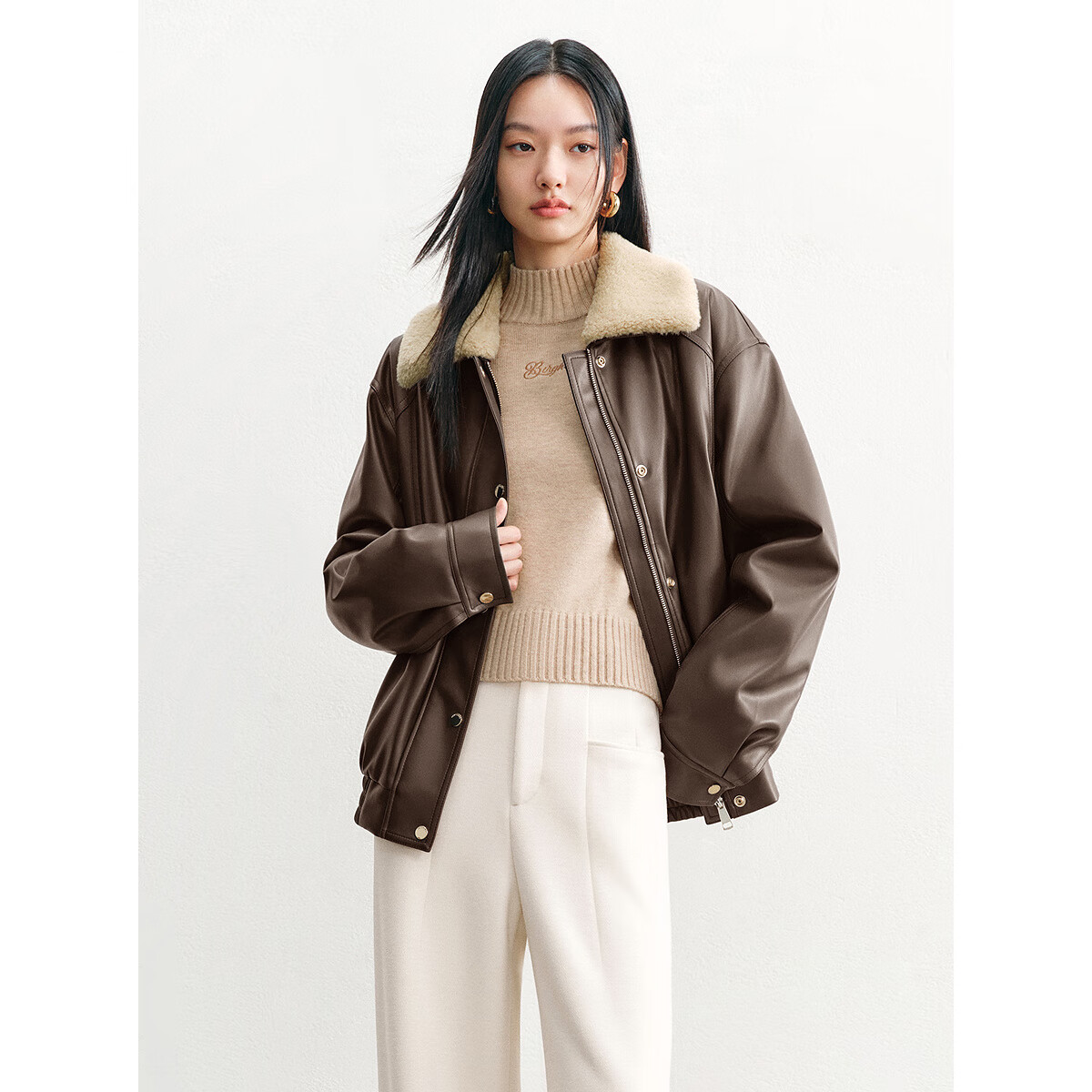 太平鸟时髦PU皮机车风外套女2024冬装时尚衣服夹棉便服夹克 棕色 L