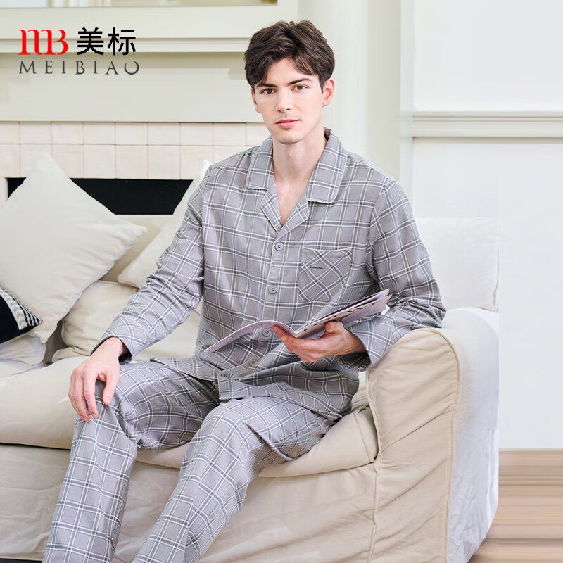 美标礼物新款长袖情侣纯棉睡衣套装女士春秋格子全棉可外穿家居服男 气质灰 2XL