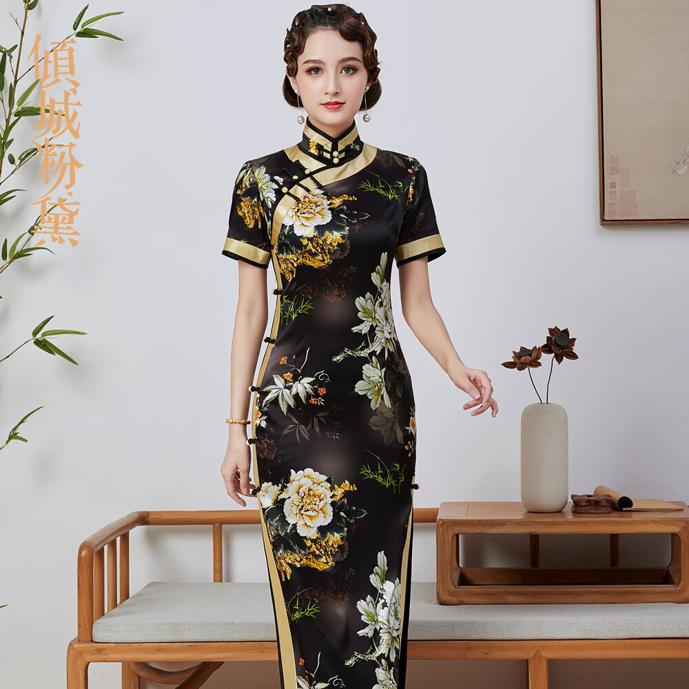 旗袍女长款气质2020夏季新款复古真丝旗袍改良时尚宴会礼服 黑色 s