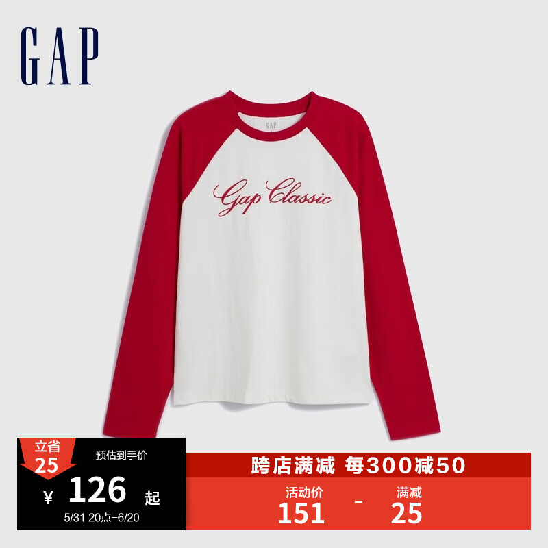 Gap女装冬季2023新款LOGO纯棉宽松长袖T恤836111运动休闲上衣 红白拼接 165/84A(M)亚洲尺码