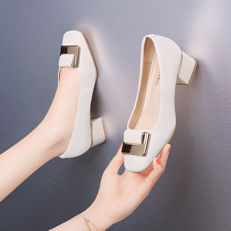 浪蔷女士瓢鞋女真皮中跟夏季半高跟船鞋皮鞋夏天穿的春秋软羊皮软皮粗