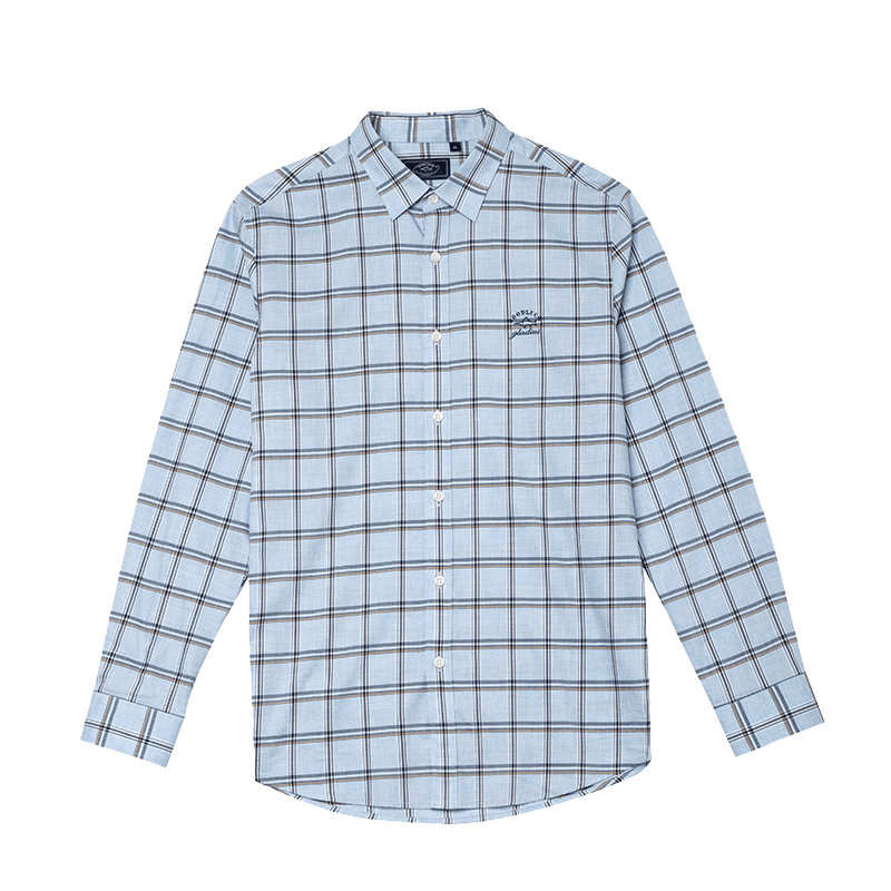 德鲨春季新款长袖格子衬衫男青年时尚棉质商务格纹衬衣服ly11106 浅灰