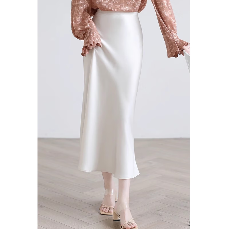 菲奢兰醋酸缎面半身裙女中长款2024新款夏天高个子气质高腰包臀真丝长裙 珍珠白 XL