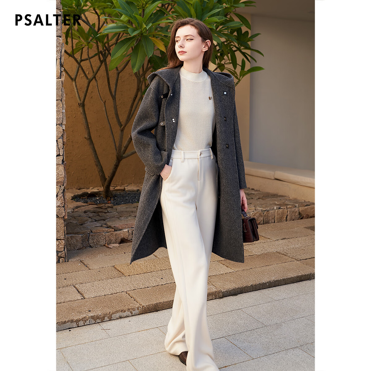 詩篇（PSALTER）【羊駝毛】專選羊毛手工雙面呢連帽大衣毛呢外套2024冬新款 深灰 常規(guī) 42 XL