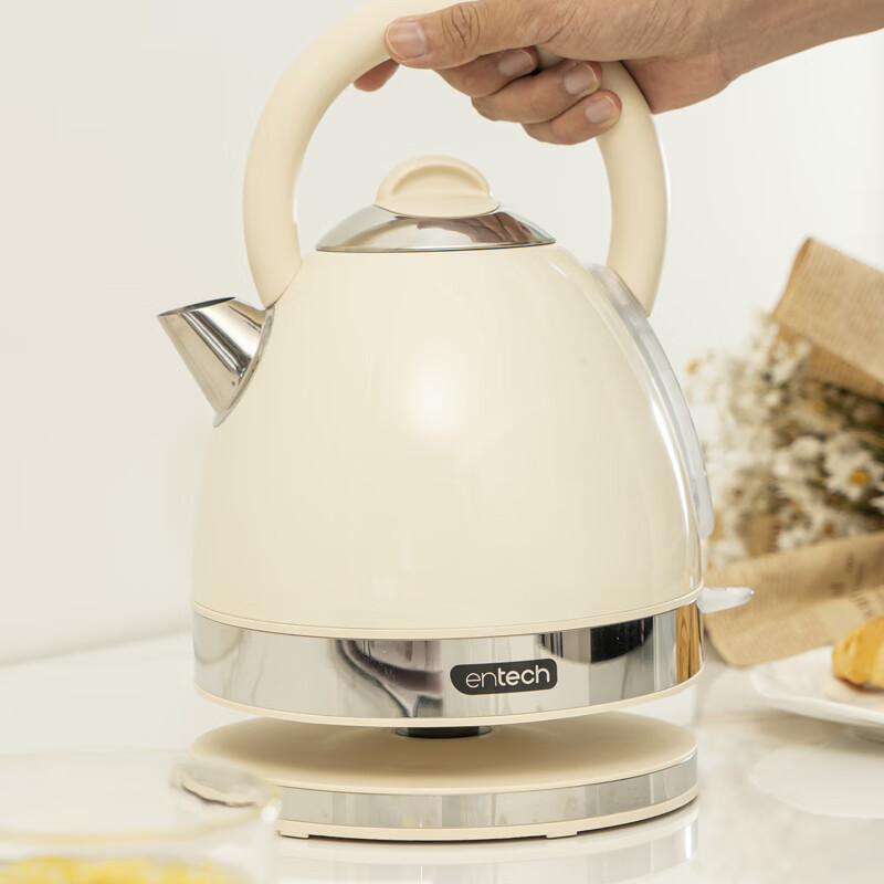一特（EnTech）英伦复古1800W快速烧水壶家用高颜值高端电热水壶大容量分体式加厚304不锈钢电烧水自动断电防干烧 1.7L 专柜款-奶油白（带水窗）