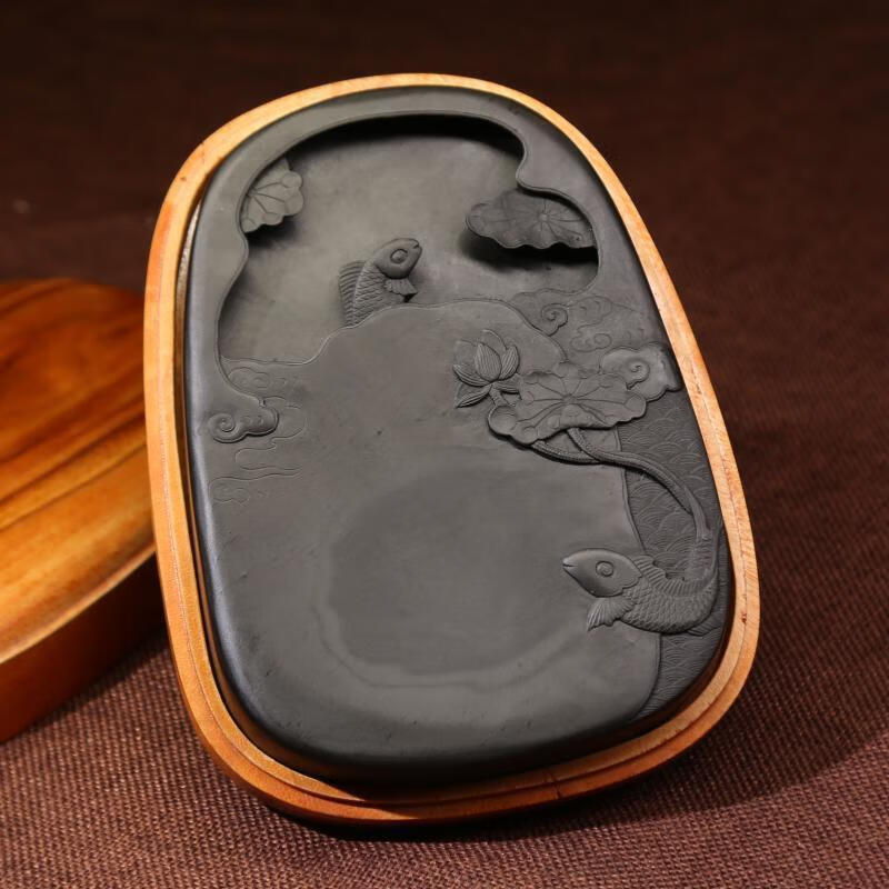 老坑乌锭罗纹金晕籽料歙砚鱼戏莲文房四宝收藏实用砚台摆件端砚
