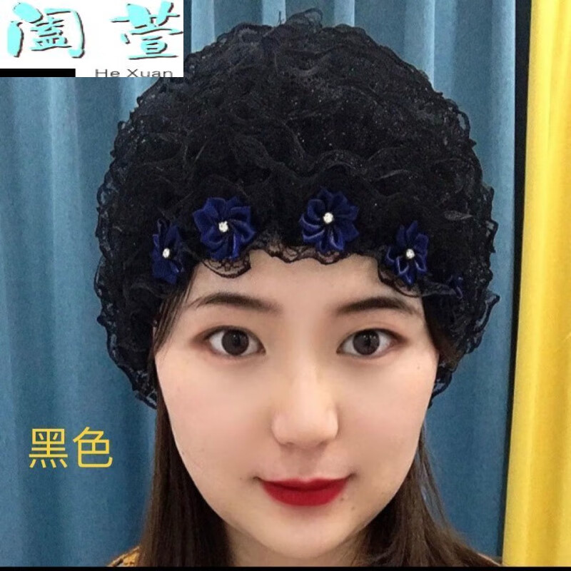 HTKD月子帽新款帽子四季蕾絲小花朵包頭帽遮白發(fā)防風(fēng)帽 粘花美人帽黑色
