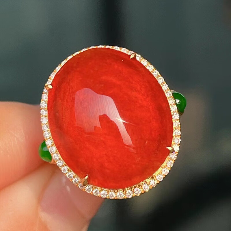 禧凤楼缅甸老坑a货翡翠冰种红翡鸽子蛋18k金镶嵌翡翠戒指女士 大红色
