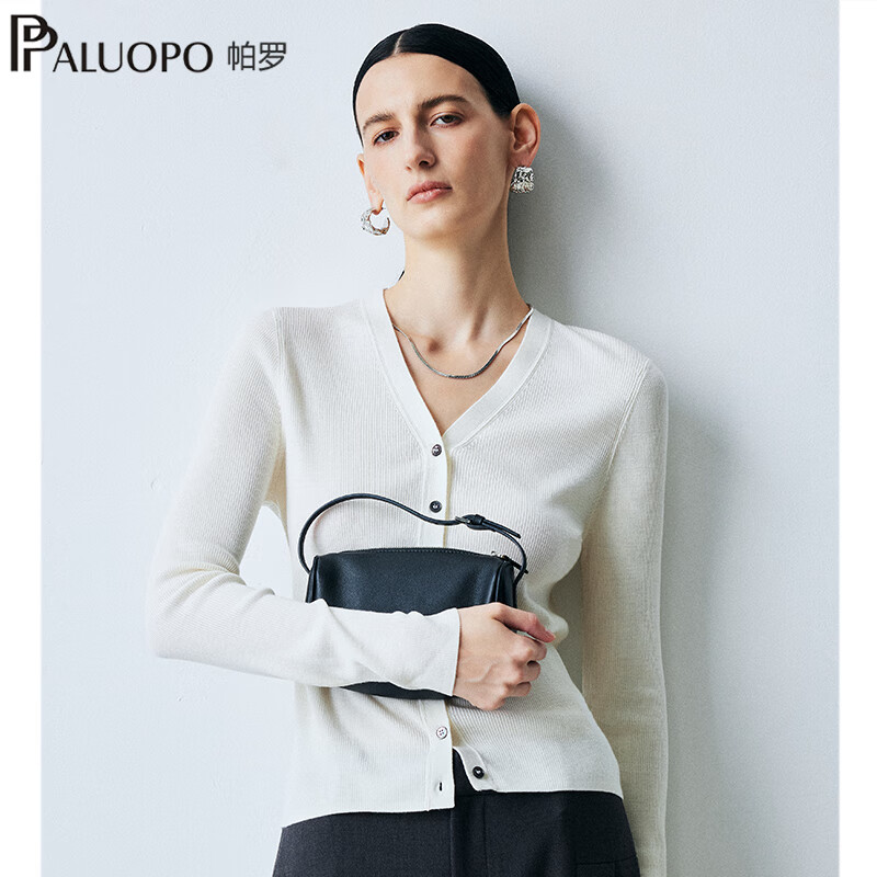 帕罗(PALUOPO)【精纺可机洗】秋冬新款v领纯羊毛开衫女针织衫毛衣60支扬子纱 白色 S 155/95