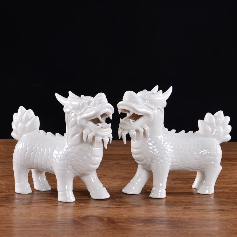 沁杰白色陶瓷麒麟摆件一对招财客户书房玄关卧室现代家居装饰 小号高