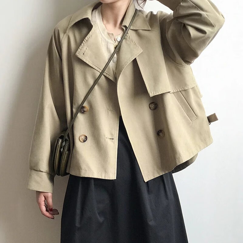 UOSU輕奢潮牌韓國(guó)秋季風(fēng)衣女小個(gè)子休閑外套復(fù)古寬松英倫上衣女裝百搭 卡其 S