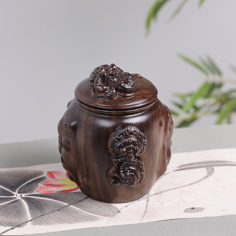 玄同玄同黑檀木整木茶葉罐儲茶缸醒茶罐茶盒茶葉桶工藝禮品家居擺件 靈芝茶葉罐