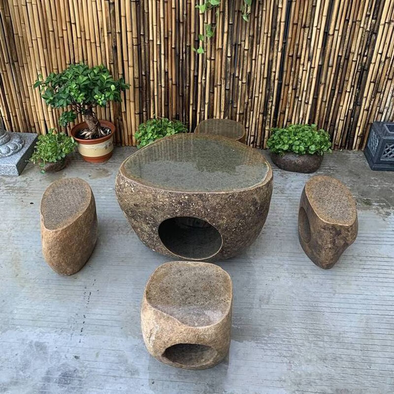 新款石雕鹅卵石桌子石凳庭院装饰石材造景原石茶桌户外茶几花园别