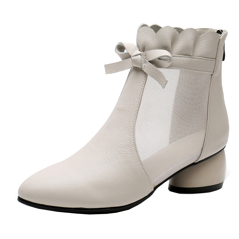 波徊牛皮网靴女粗跟大码春夏新款网纱镂空短靴包头凉鞋尖头网面凉靴