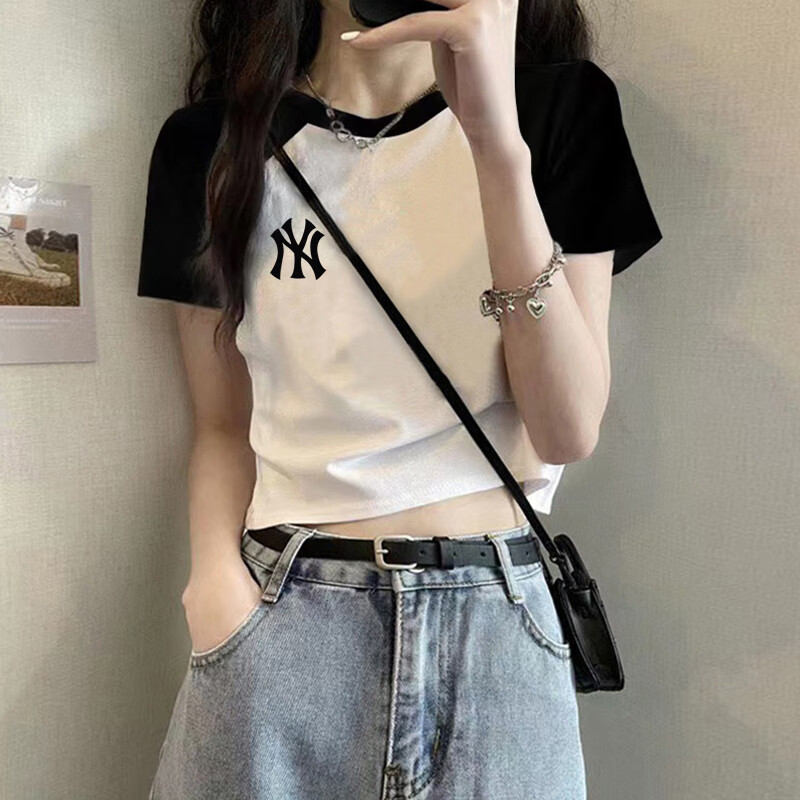 nyny夏季薄款ins小个子短袖露肚宽松纯棉白色t恤撞色