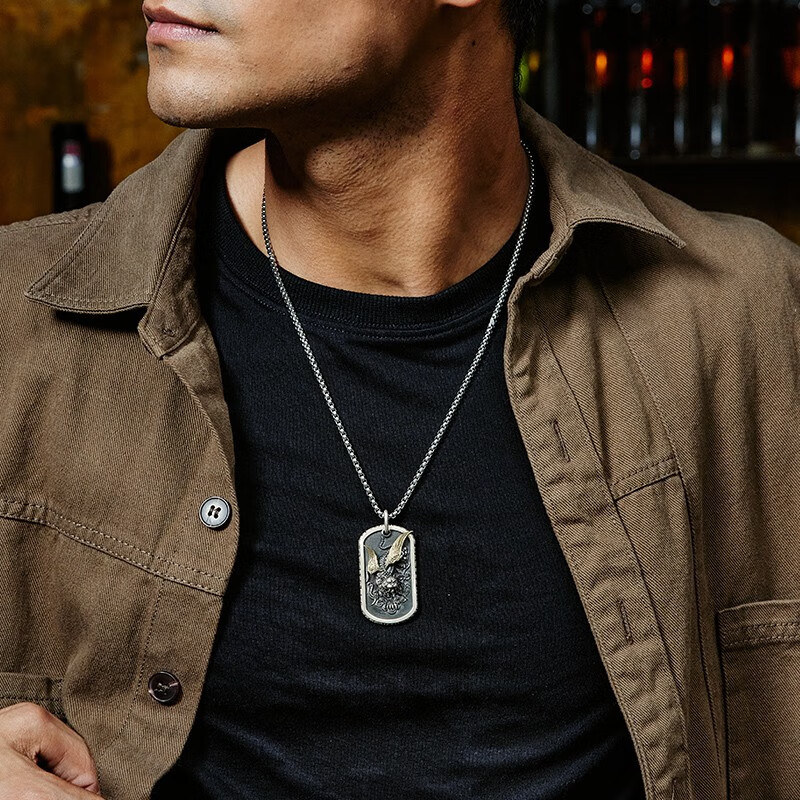 霸气个性小众设计感复古男生军牌吊坠 纯白银款-如虎添翼 钛钢链55cm