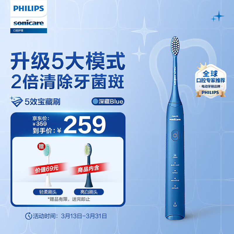 飞利浦（PHILIPS）电动牙刷成人情侣款 送女友/男友软毛柔和亮白刷头5效宝藏刷深藏BLUE HX2471/01