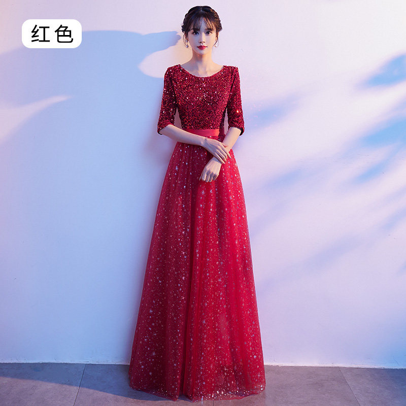合唱团演出服装成人女指挥朗诵比赛主持人宴会晚礼服长款连衣裙 红色