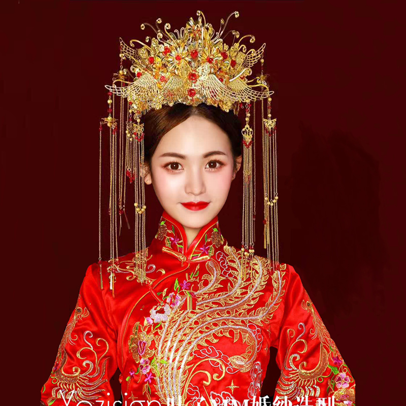 夢君宸新娘飾品鳳冠頭飾古裝套裝結婚首飾頭冠發(fā)冠皇冠配飾 鳳冠+耳環(huán)夾