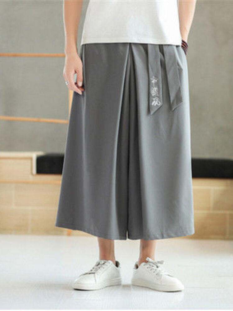 哈伦裤中国风刺绣男装冰丝七分裤宽松大码阔腿宽腿裤男潮牌裙裤胖子夏