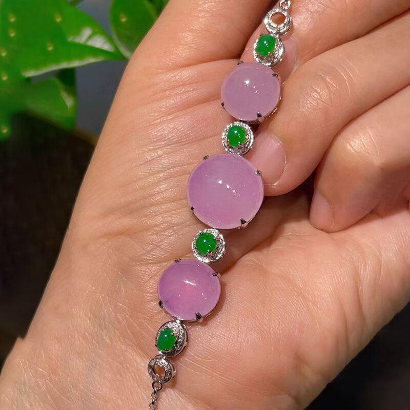 禧凤楼缅甸老坑a货翡翠冰种冰紫底色18k镶嵌翡翠蛋面手链女 紫罗兰