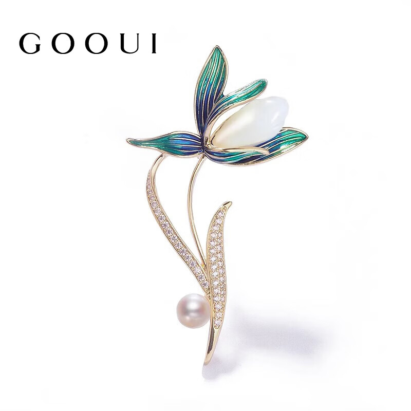 gooui品牌胸针鸢尾花高档胸针女和田玉配饰奢侈胸花珍珠防走光别针女