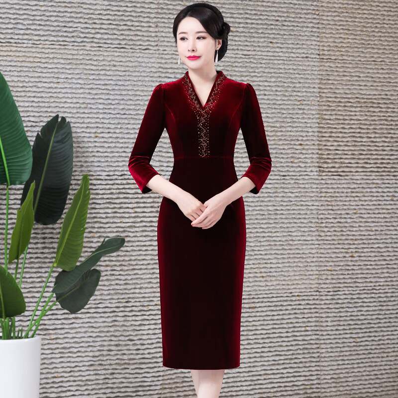 蜜凡苏 喜妈妈婚礼服年轻款高端大气连衣裙金丝绒喜婆婆中年高贵