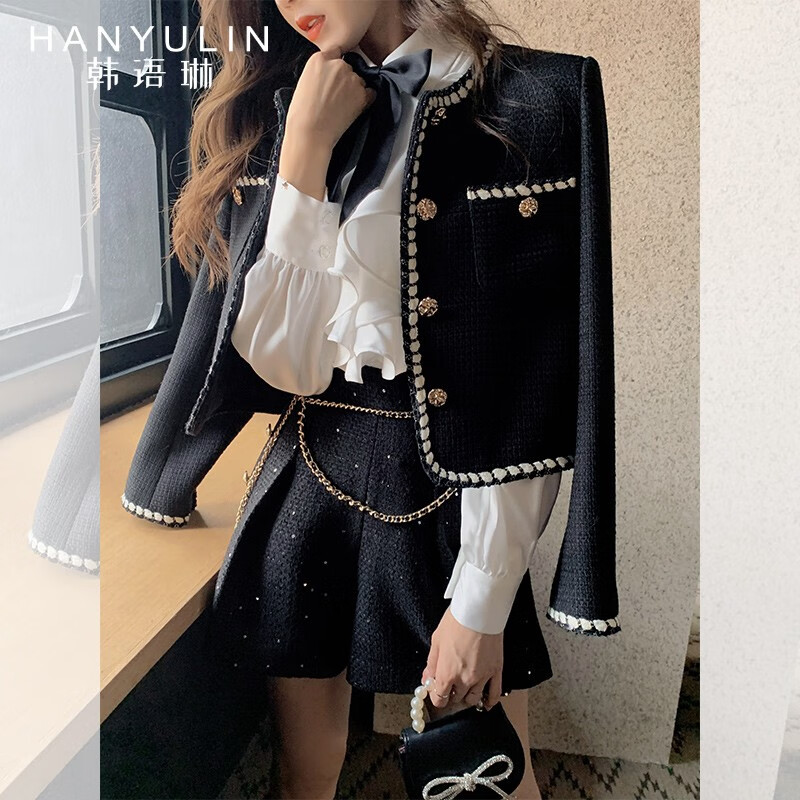 韩语琳黑色小香风外套女2022年新款秋冬季高级感短款外搭开衫上衣