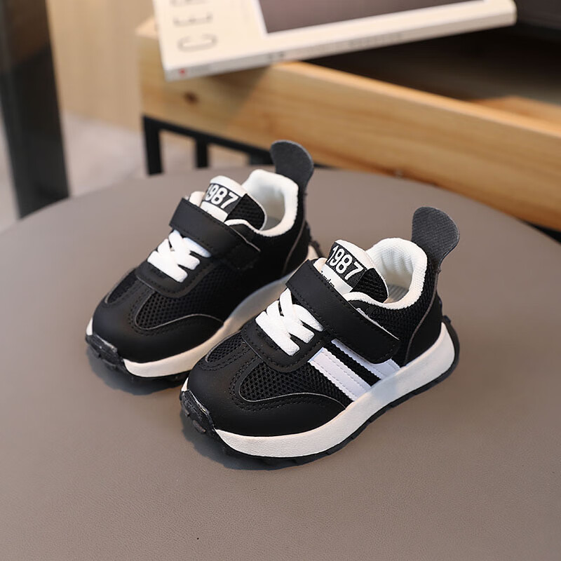 运动鞋男童透气网鞋软底防滑宝宝鞋子女童跑步鞋 黑色男装 22码/13