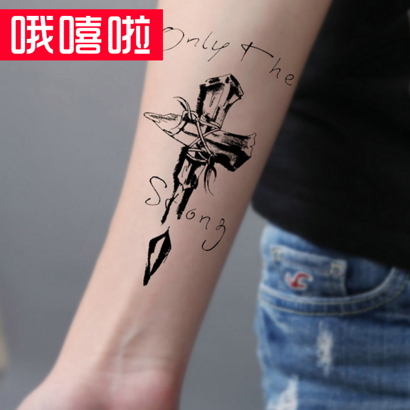 防水逼真半臂花臂腿英文刺青黑色个性写真百搭纹身贴纸 十字架贴纸