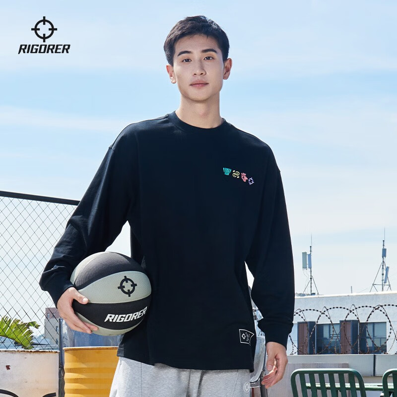 准者斗法长袖T恤男士春冬新款美式篮球运动卫衣潮流刺绣纯棉透气上衣 纯正黑(尺码偏大拍小一码) 刺绣款 XL