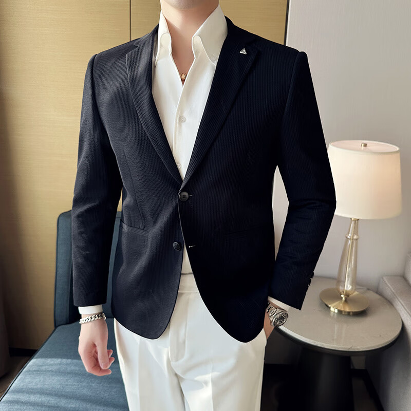 男春秋新款男士抗皱免烫小西装韩版中青年双扣修身单西男外套 藏青色