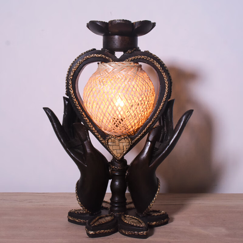 唯美卧室创意实木装饰灯家用泰国手工竹编简约原木复古按钮 佛手台灯